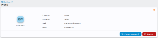 Profile screen displaying user details including title, first name, last name, email address, and phone number. The user’s initials (JN) are shown in a blue circle. Action buttons at the bottom allow the user to Change password or Log out. An edit icon appears in the top right corner.